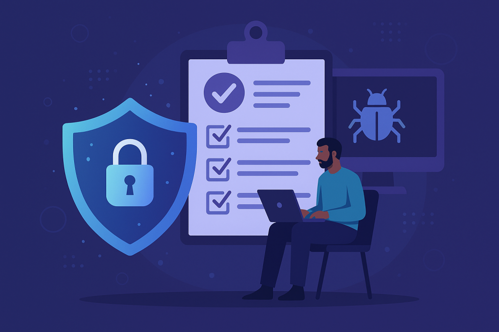 Cybersecurity audit illustration showing a shield, checklist, and professional analyzing data.